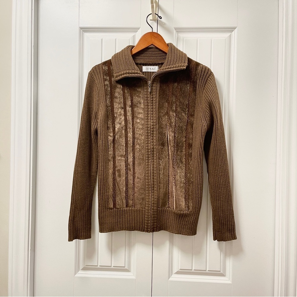 Vintage Collared Faux Fur Wool Knit Sweater Jacket Brown